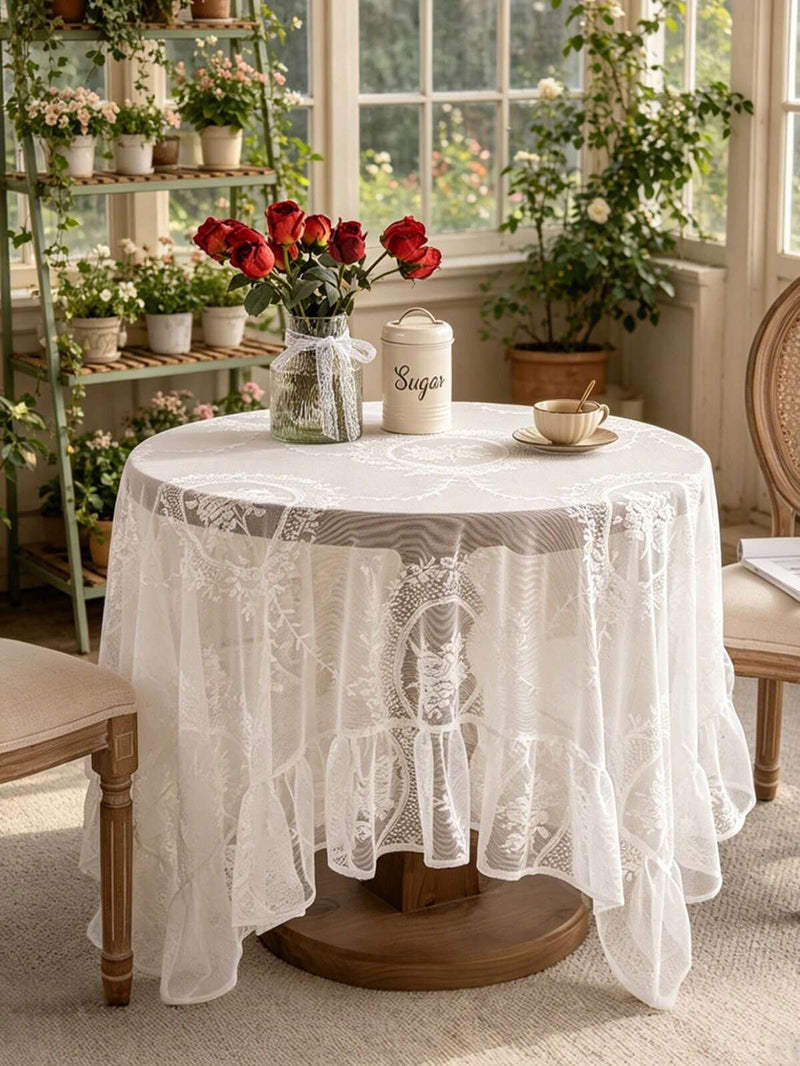 1pc White Hollow Lace Ruffle Tablecloth, Elegant Romantic Rectangular Table Decor Cloth, Suitable For Weddings, Celebrations, Home Decor, Parties, Hotels, All Seasons