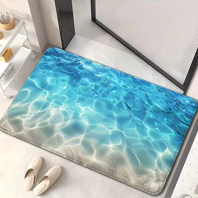 1pc Ocean Wave Design Non-Slip Door Mat - Microfiber Absorbent Machine Washable Polyester Rug For Bathroom, Bedroom, Living Room Entrance, Washable Area